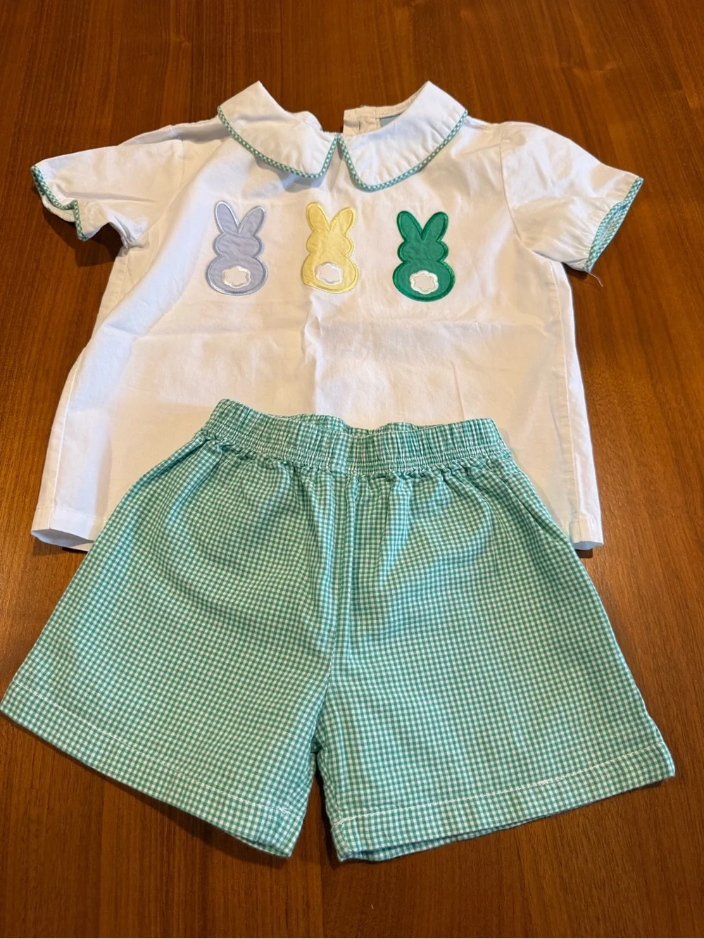 White Baby Tee with Pastel Bunny Appliqués & Mint Gingham Shorts Easter